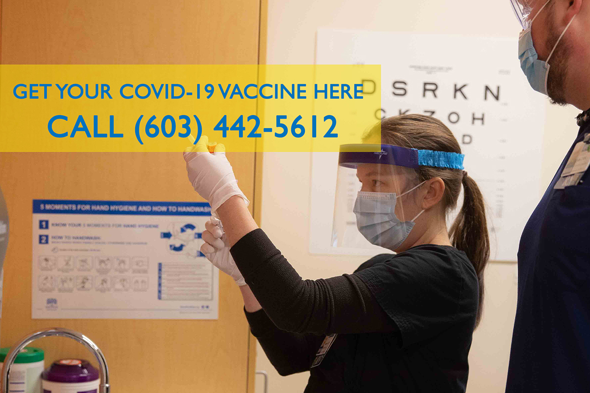 Woman holding a syringe and vial, under the words Get your COVID-19 vaccine here. Call 603-442-5612