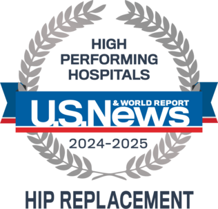 award badge from US News for High Performing Hospital for Hip Replacement 2024-2025
