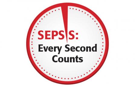 A red circle, similar to a clock, containing the words Sepsis: Every Second Counts
