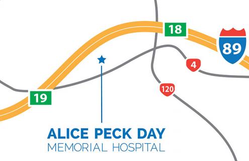 Illustrated map depicting the location of Alice Peck Day Memorial Hospital in relation to Interstate 89 and other, nearby roads.