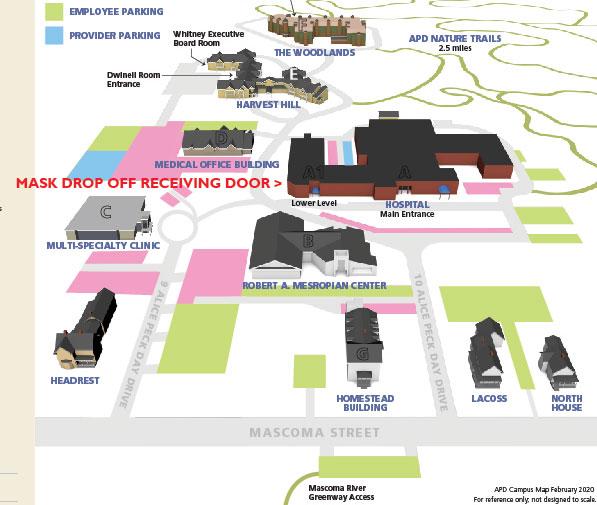 Map of the Alice Peck Day campus with the drop off location for masks labeled in red text